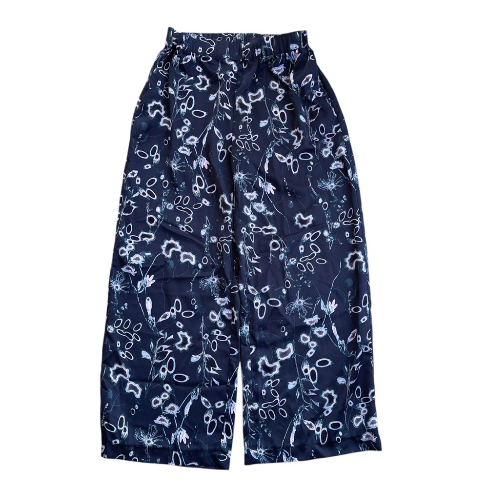 🌺 Nordstrom Women's Navy Floral Satin Wide Leg Cropped Pants SZ S Chic